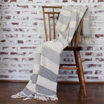 BEV Handwoven lightweight cotton blanket or towel in black and neutral stripes. Made by Living Threads Co. artisans in Nicaragua.  