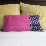 REC Naturally dyed Lumbar Pillow handwoven by Living Threads Co. Artisans in Guatemala with Indigo Blue Ikat design.