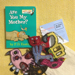 Are you My Mother themed animal puppet set  made with recycled fabric by Guatemalan Living Threads Co. artisans and mothers.