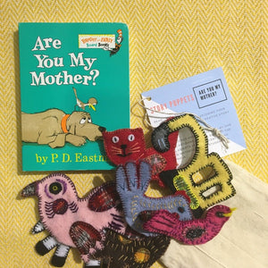 Are you My Mother themed animal puppet set  made with recycled fabric by Guatemalan Living Threads Co. artisans and mothers.