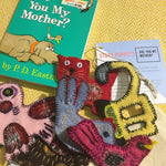 Animal puppet set based on children's book Are You My Mother, made with recycled fabric by Living Threads Co. artisans and mothers.