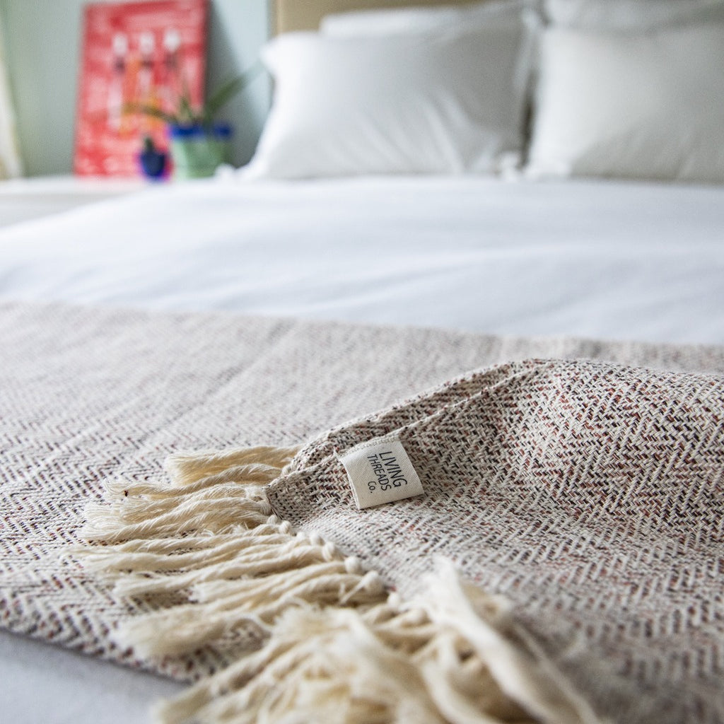Handcrafted Tierra herringbone cotton blanket and throw in tierra handcrafted by Living Threads Co. artisans in Nicaragua